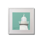 Contemporary wall hanging  Duncannon North lighthouse on an ocean green background,  in a white square frame measuring 20x20cm.