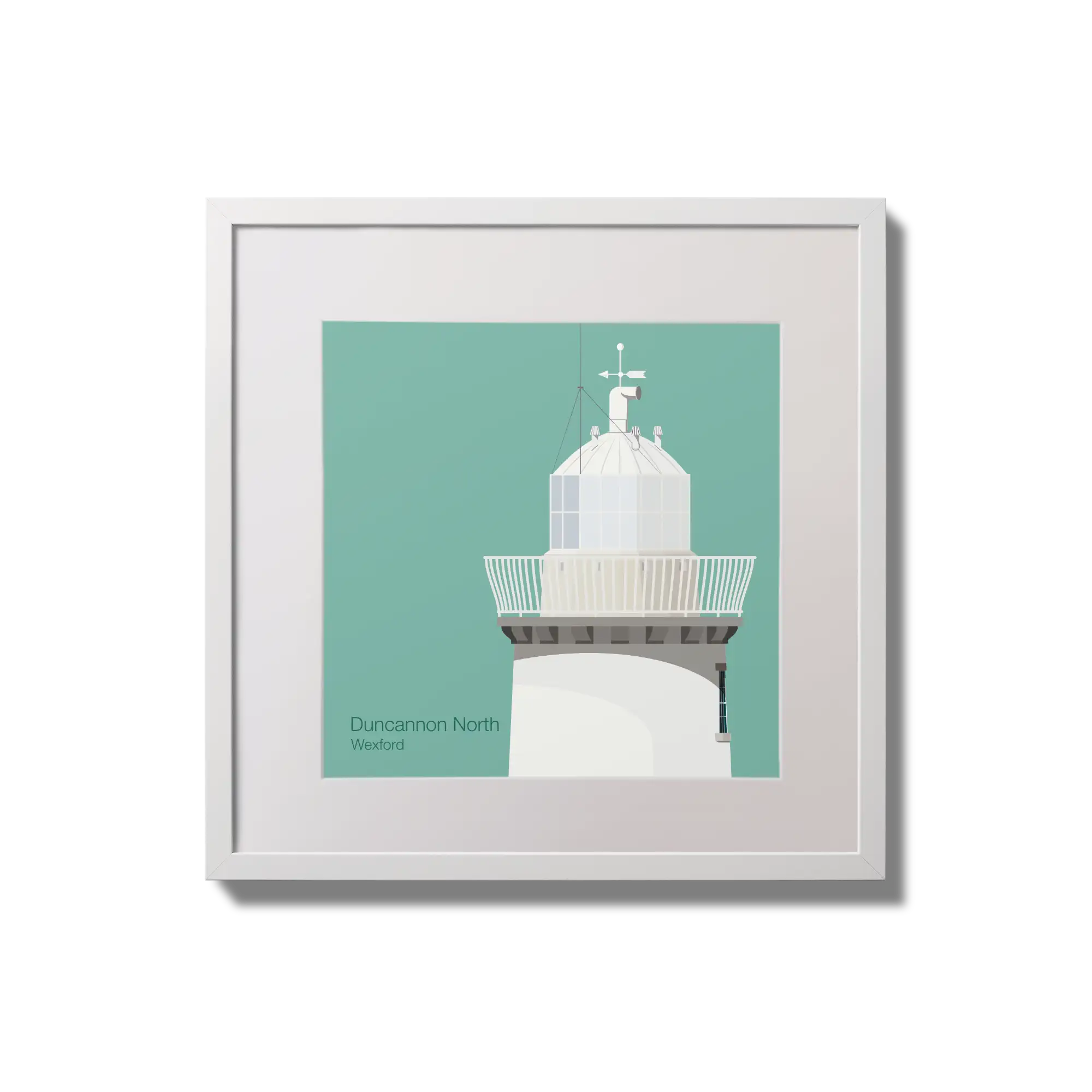 Contemporary wall hanging  Duncannon North lighthouse on an ocean green background,  in a white square frame measuring 20x20cm.