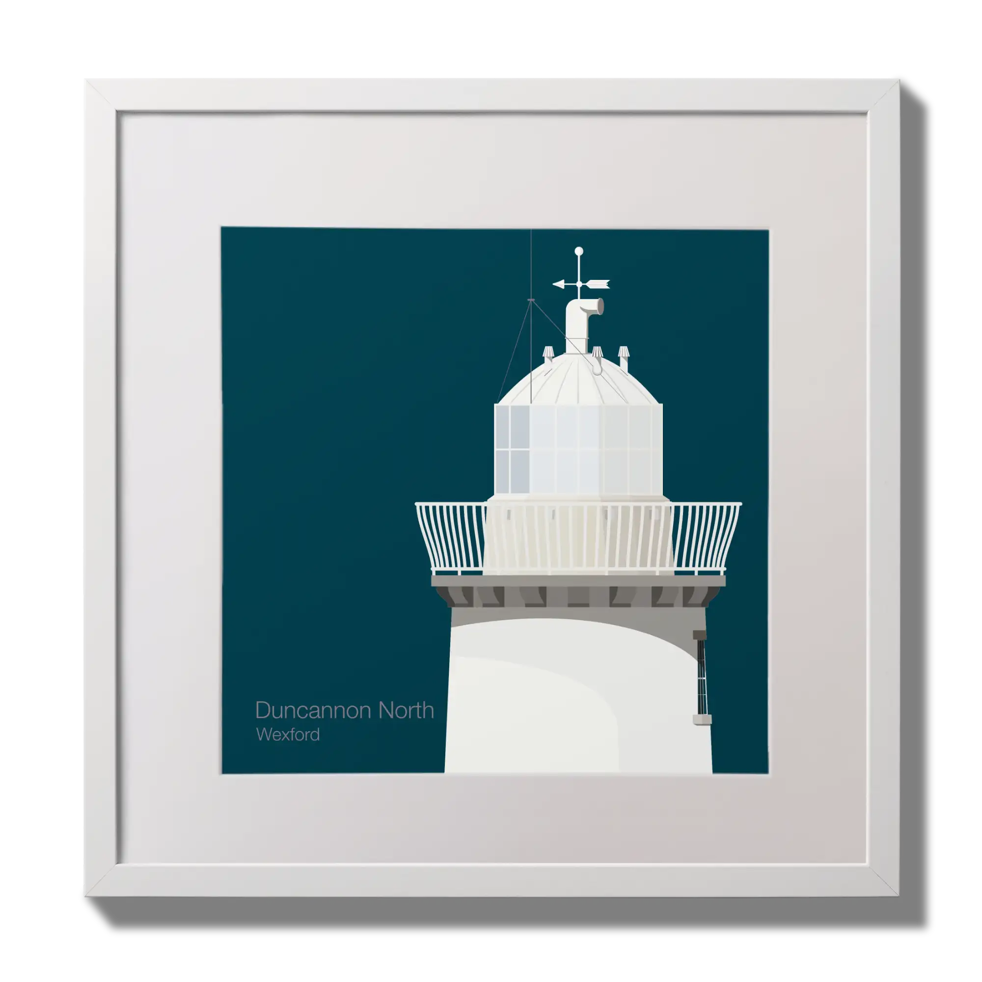 Illustration  Duncannon North lighthouse on a midnight blue background,  in a white square frame measuring 30x30cm.