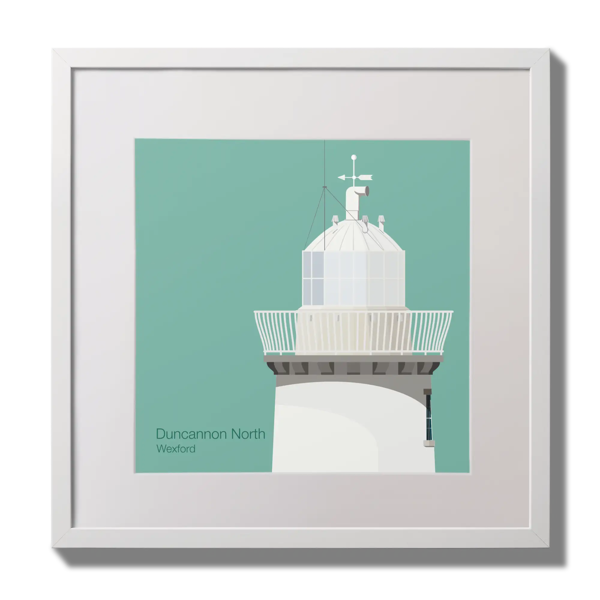 Illustration  Duncannon North lighthouse on an ocean green background,  in a white square frame measuring 30x30cm.