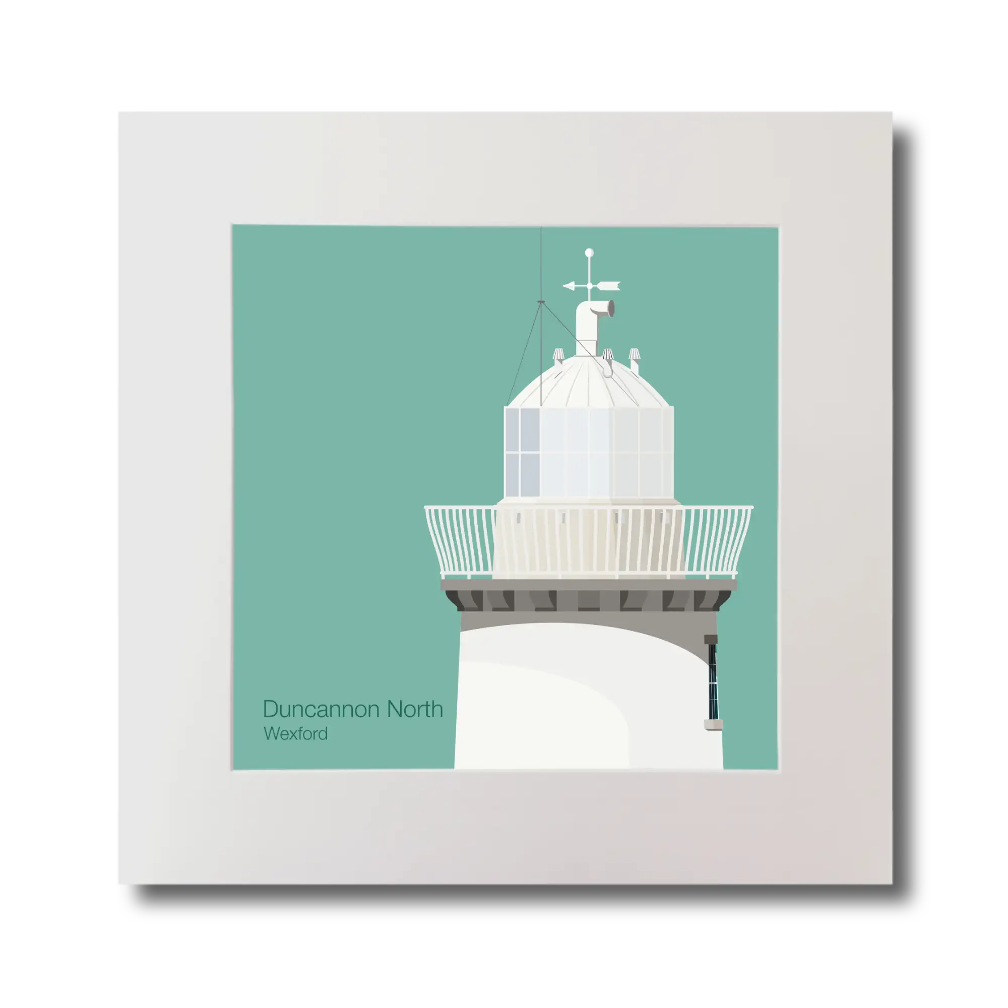 Illustration  Duncannon North lighthouse on an ocean green background, mounted and measuring 30x30cm.