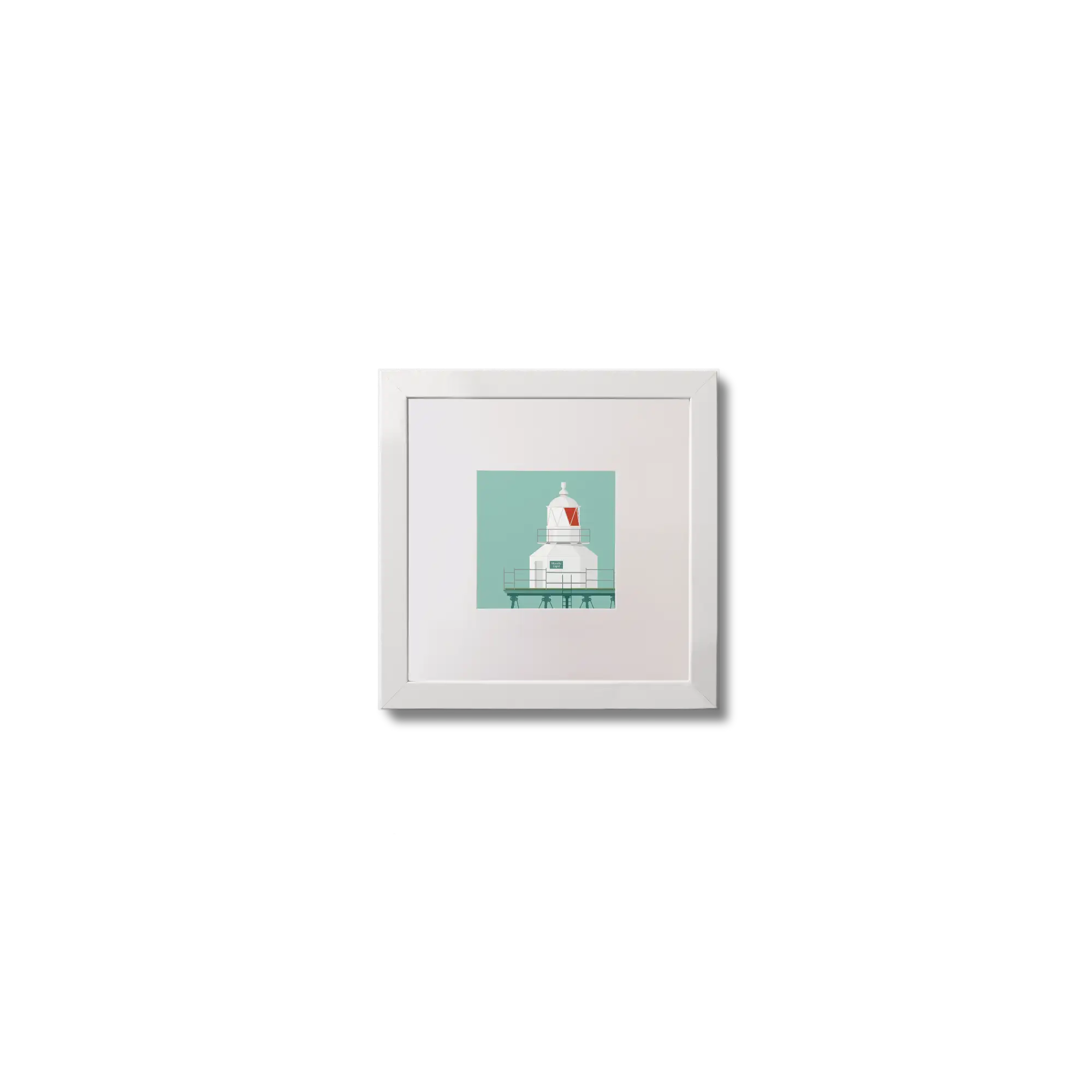 Illustration  Moville lighthouse on an ocean green background,  in a white square frame measuring 10x10cm.