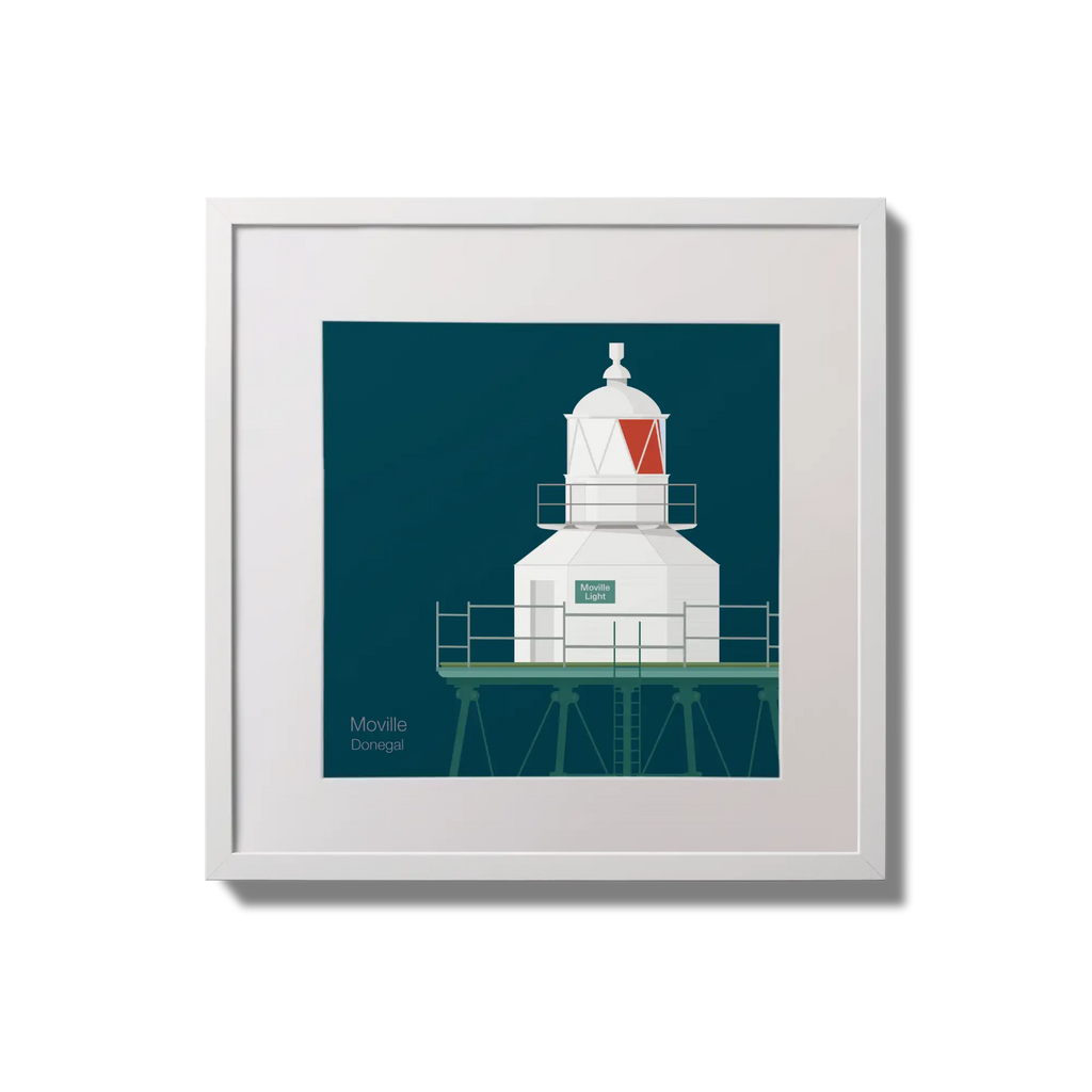 Framed wall art decoration  Moville lighthouse on a midnight blue background,  in a white square frame measuring 20x20cm.