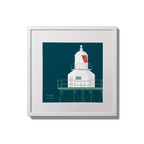 Framed wall art decoration  Moville lighthouse on a midnight blue background,  in a white square frame measuring 20x20cm.