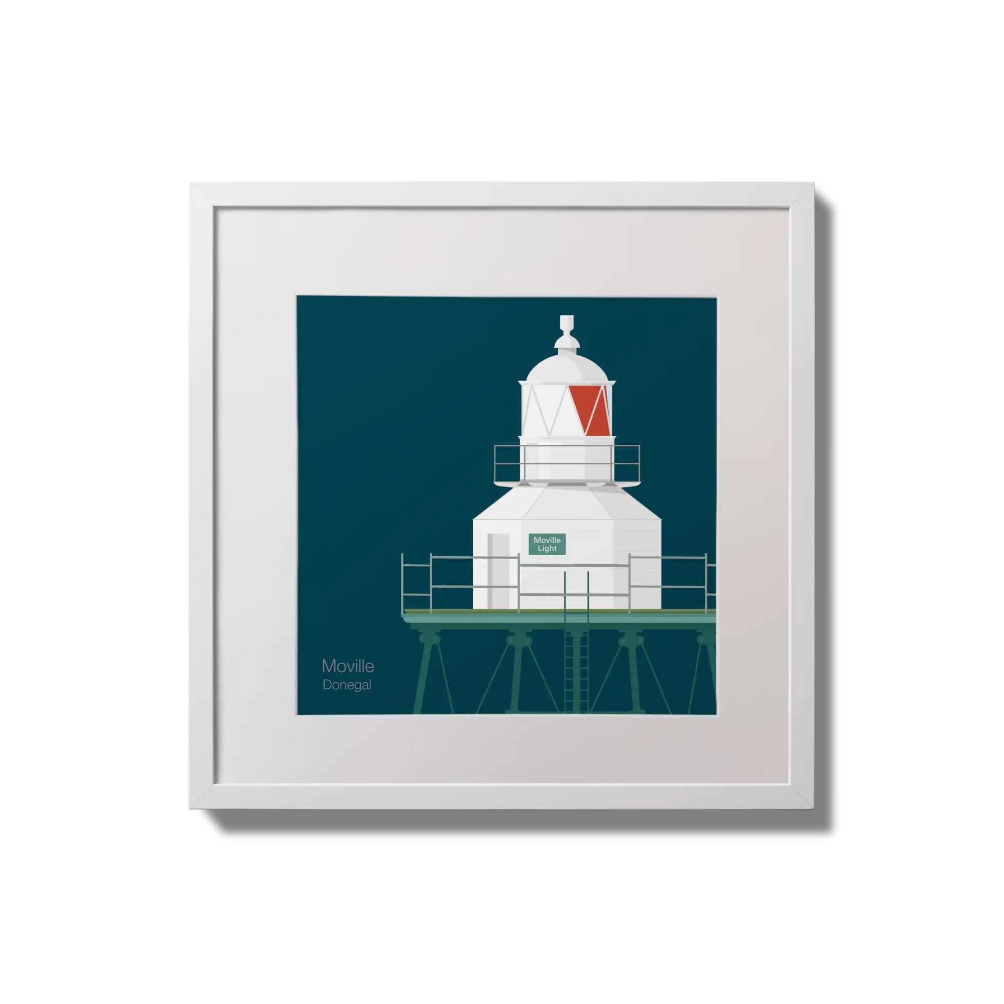 Framed wall art decoration  Moville lighthouse on a midnight blue background,  in a white square frame measuring 20x20cm.