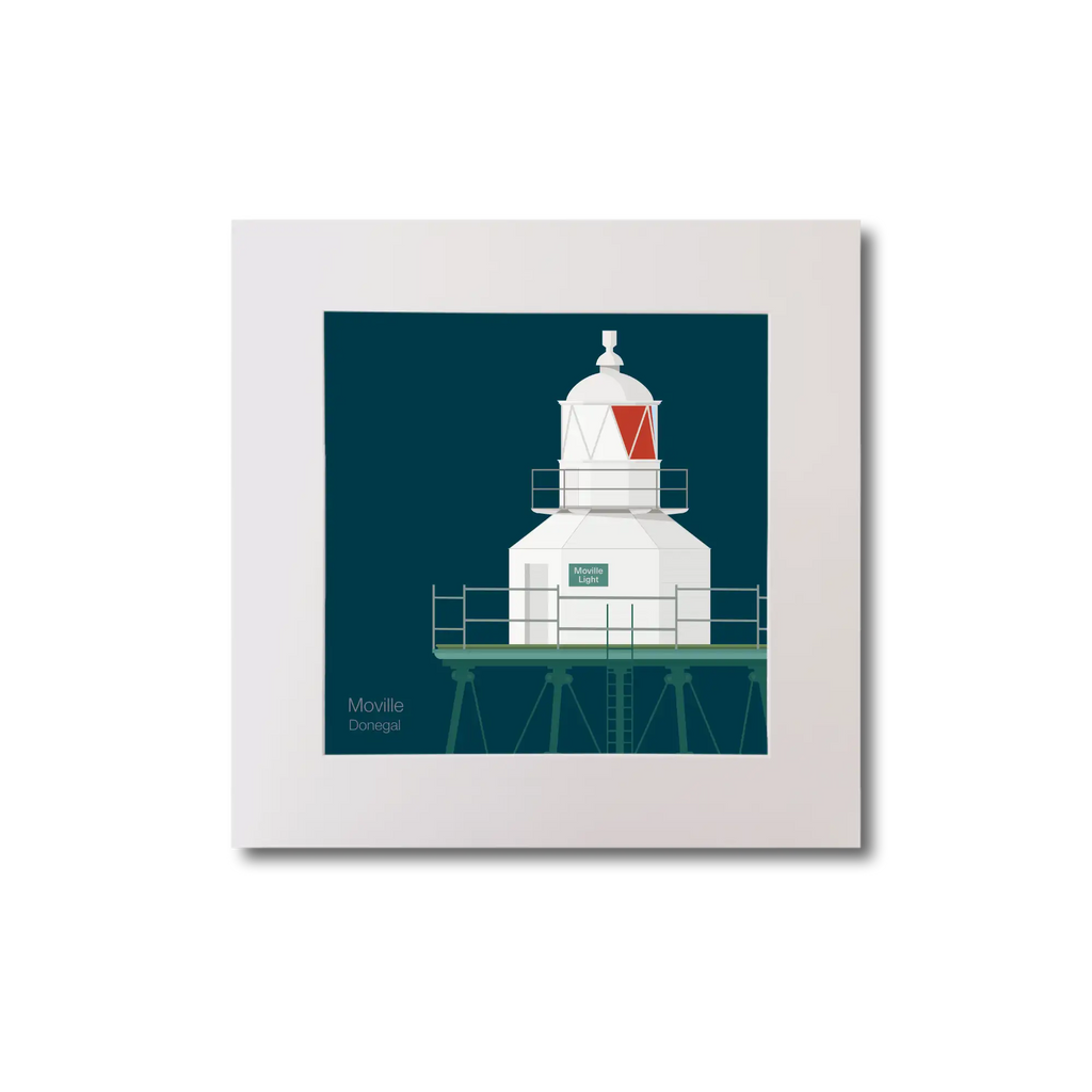 Illustration  Moville lighthouse on a midnight blue background, mounted and measuring 20x20cm.