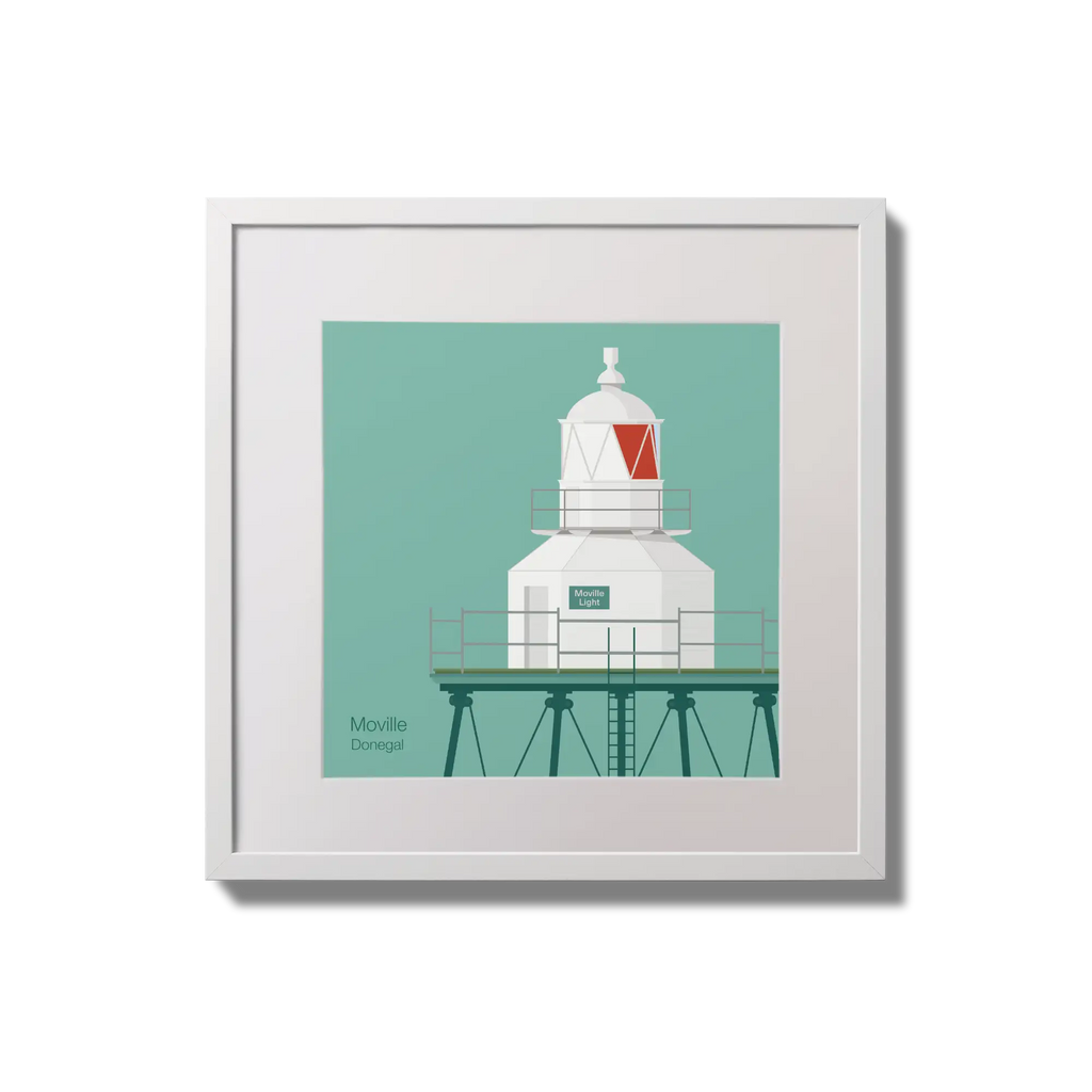 Contemporary wall hanging  Moville lighthouse on an ocean green background,  in a white square frame measuring 20x20cm.