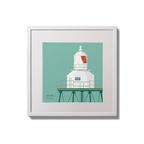 Contemporary wall hanging  Moville lighthouse on an ocean green background,  in a white square frame measuring 20x20cm.