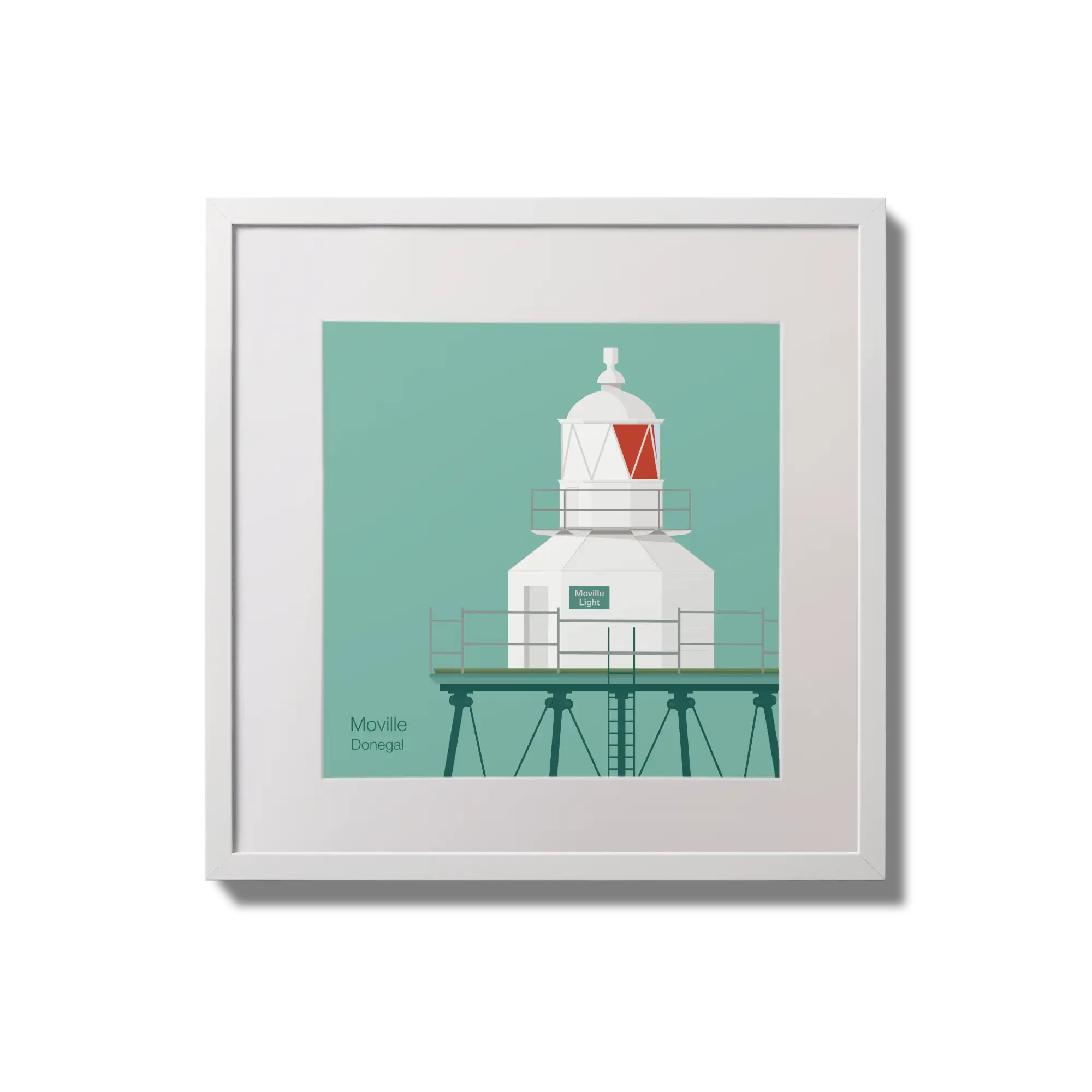 Contemporary wall hanging  Moville lighthouse on an ocean green background,  in a white square frame measuring 20x20cm.