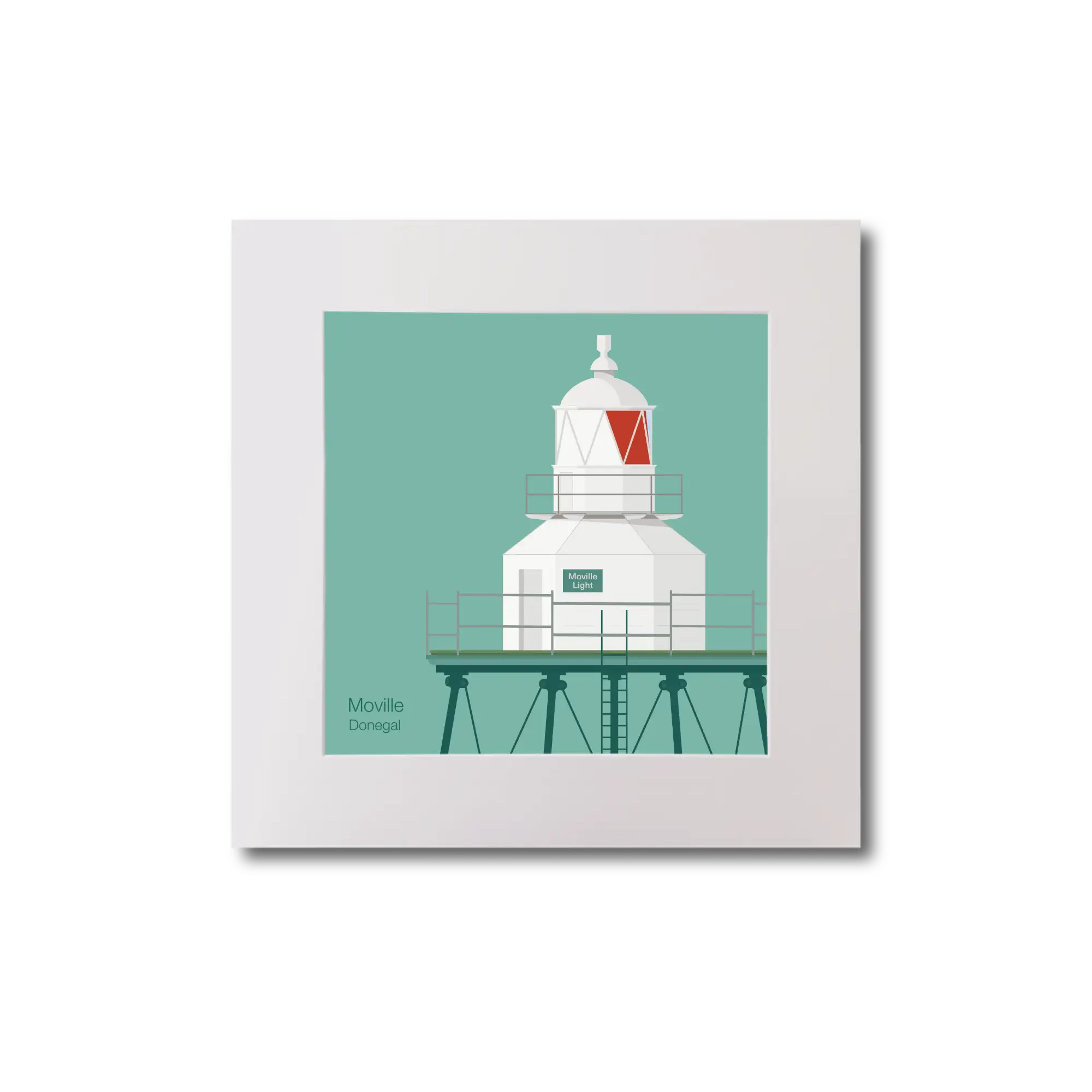 Illustration  Moville lighthouse on an ocean green background, mounted and measuring 20x20cm.