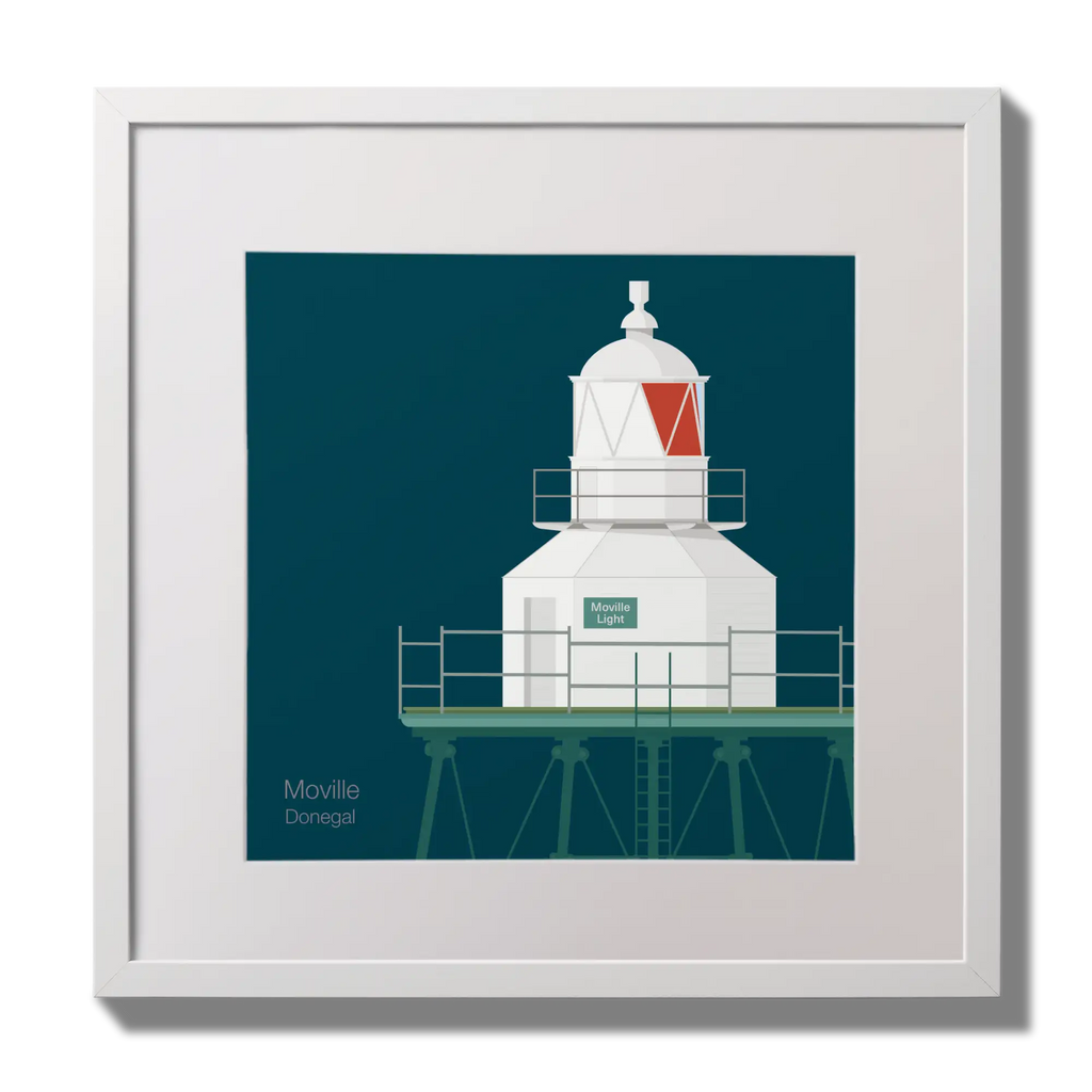 Illustration  Moville lighthouse on a midnight blue background,  in a white square frame measuring 30x30cm.