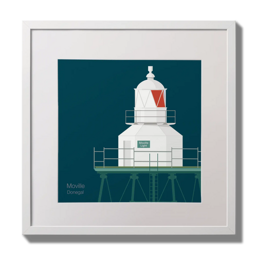 Illustration  Moville lighthouse on a midnight blue background,  in a white square frame measuring 30x30cm.