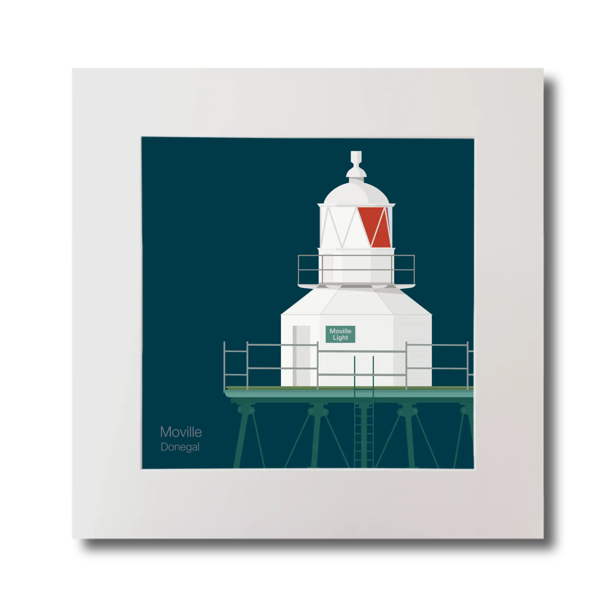 Illustration  Moville lighthouse on a midnight blue background, mounted and measuring 30x30cm.