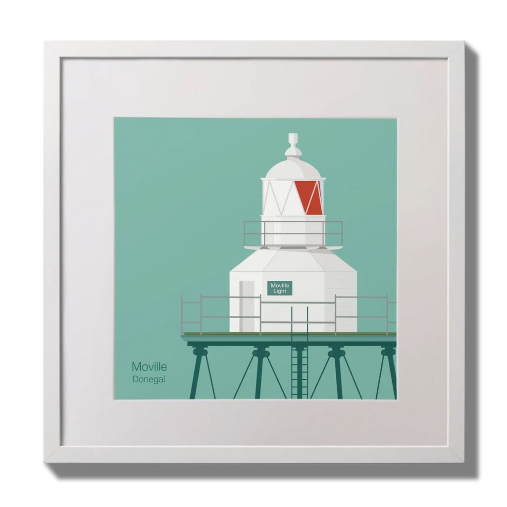 Illustration  Moville lighthouse on an ocean green background,  in a white square frame measuring 30x30cm.