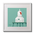 Illustration  Moville lighthouse on an ocean green background,  in a white square frame measuring 30x30cm.