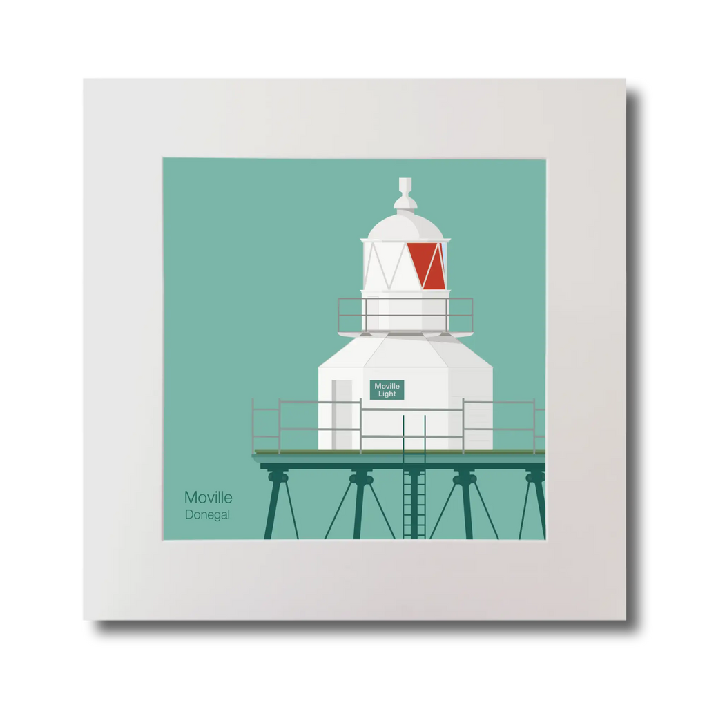 Illustration  Moville lighthouse on an ocean green background, mounted and measuring 30x30cm.
