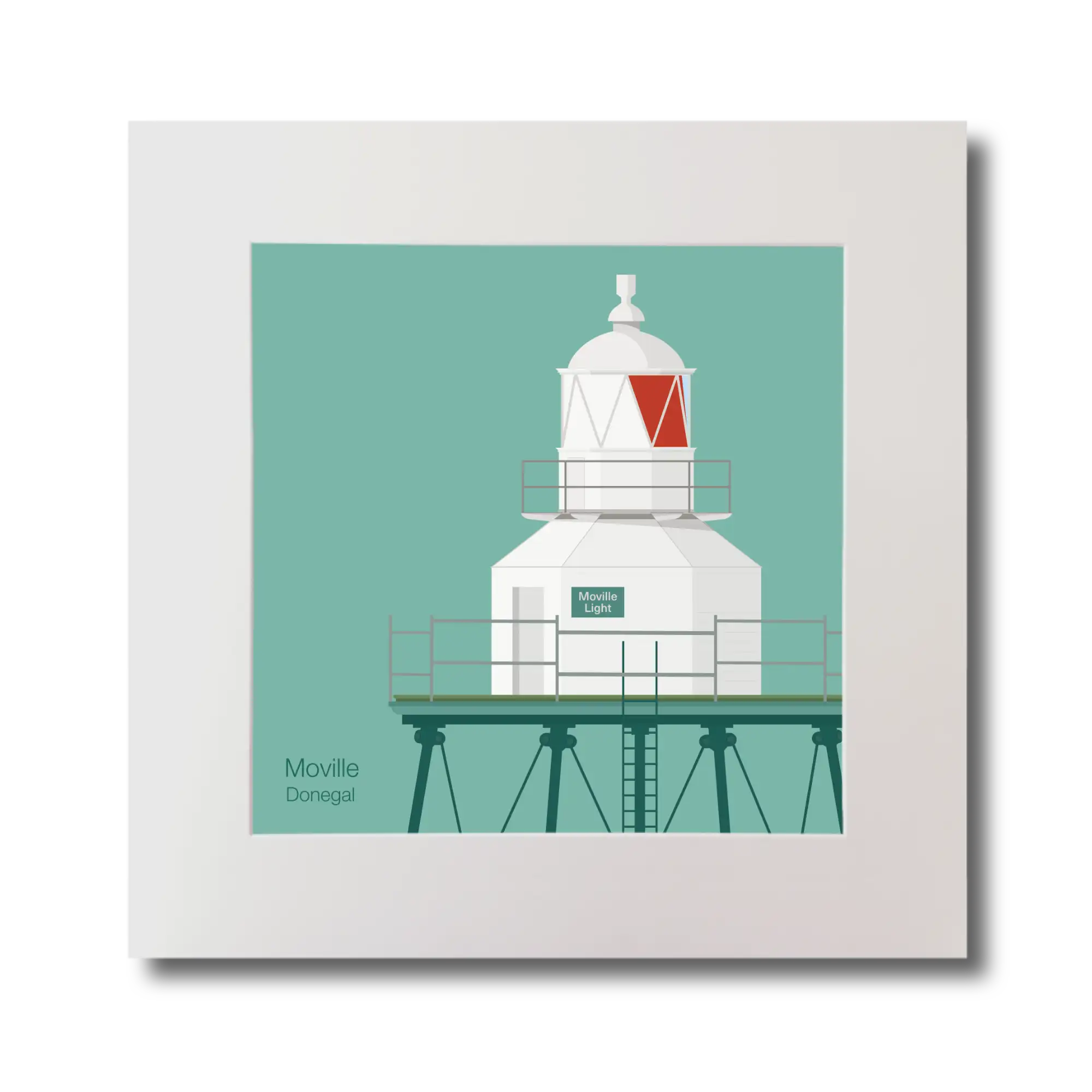 Illustration  Moville lighthouse on an ocean green background, mounted and measuring 30x30cm.