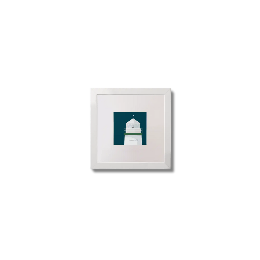 Contemporary wall art  Warren Point lighthouse on a midnight blue background,  in a white square frame measuring 10x10cm.