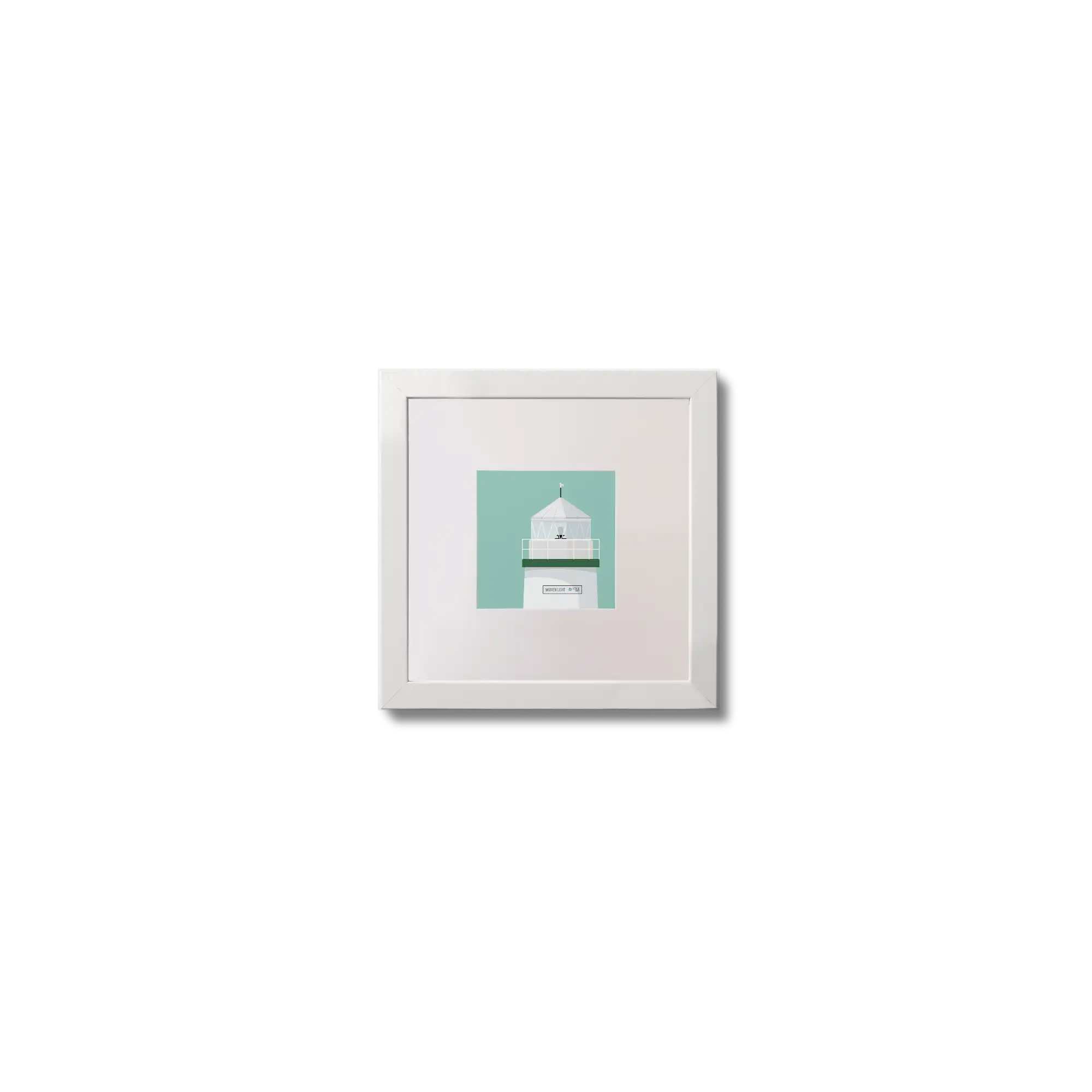 Illustration  Warren Point lighthouse on an ocean green background,  in a white square frame measuring 10x10cm.