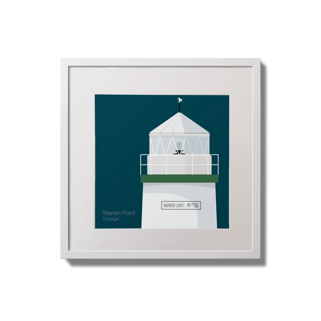 Framed wall art decoration  Warren Point lighthouse on a midnight blue background,  in a white square frame measuring 20x20cm.