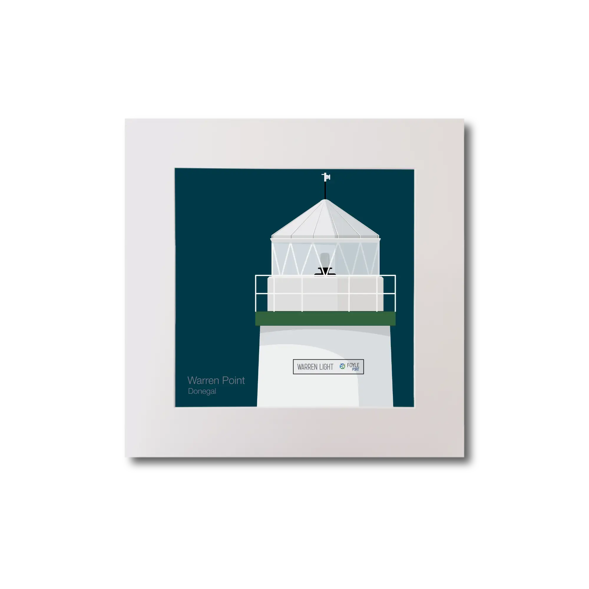 Illustration  Warren Point lighthouse on a midnight blue background, mounted and measuring 20x20cm.