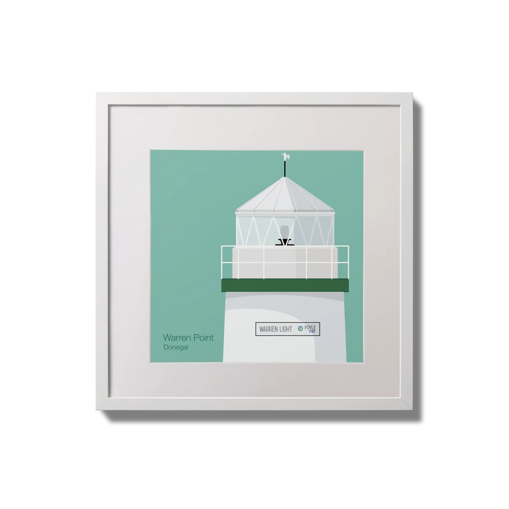 Contemporary wall hanging  Warren Point lighthouse on an ocean green background,  in a white square frame measuring 20x20cm.