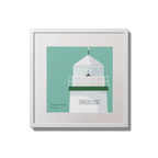 Contemporary wall hanging  Warren Point lighthouse on an ocean green background,  in a white square frame measuring 20x20cm.