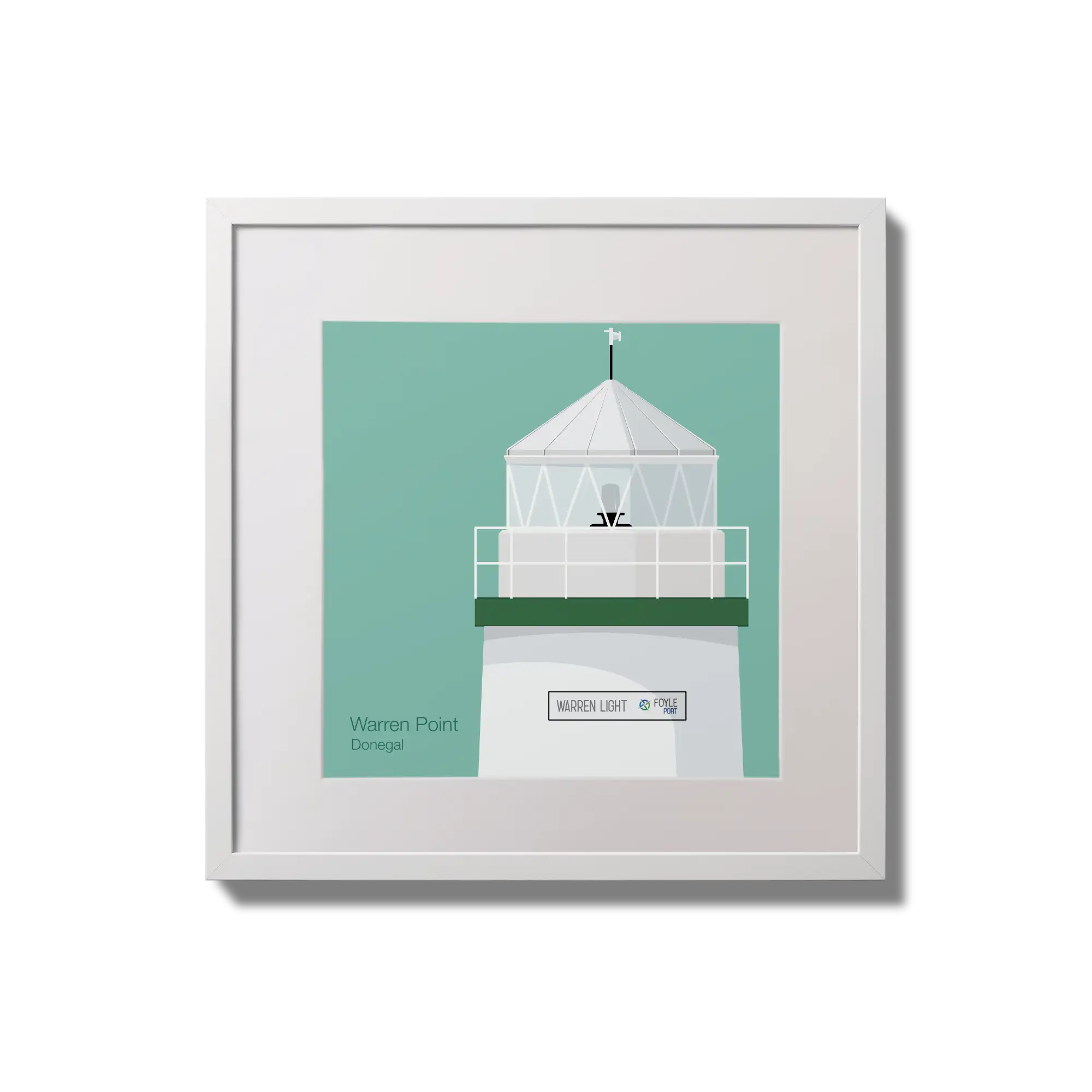 Contemporary wall hanging  Warren Point lighthouse on an ocean green background,  in a white square frame measuring 20x20cm.