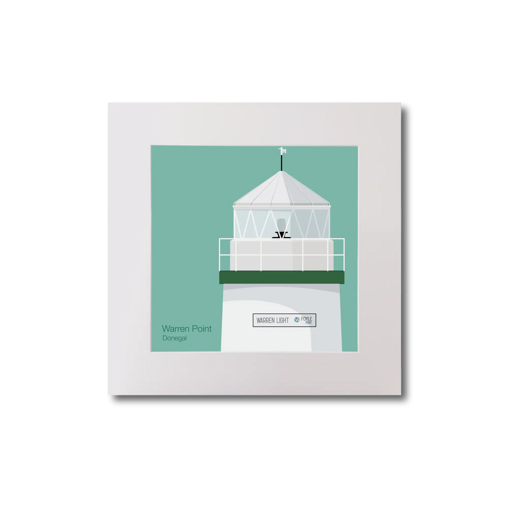 Illustration  Warren Point lighthouse on an ocean green background, mounted and measuring 20x20cm.