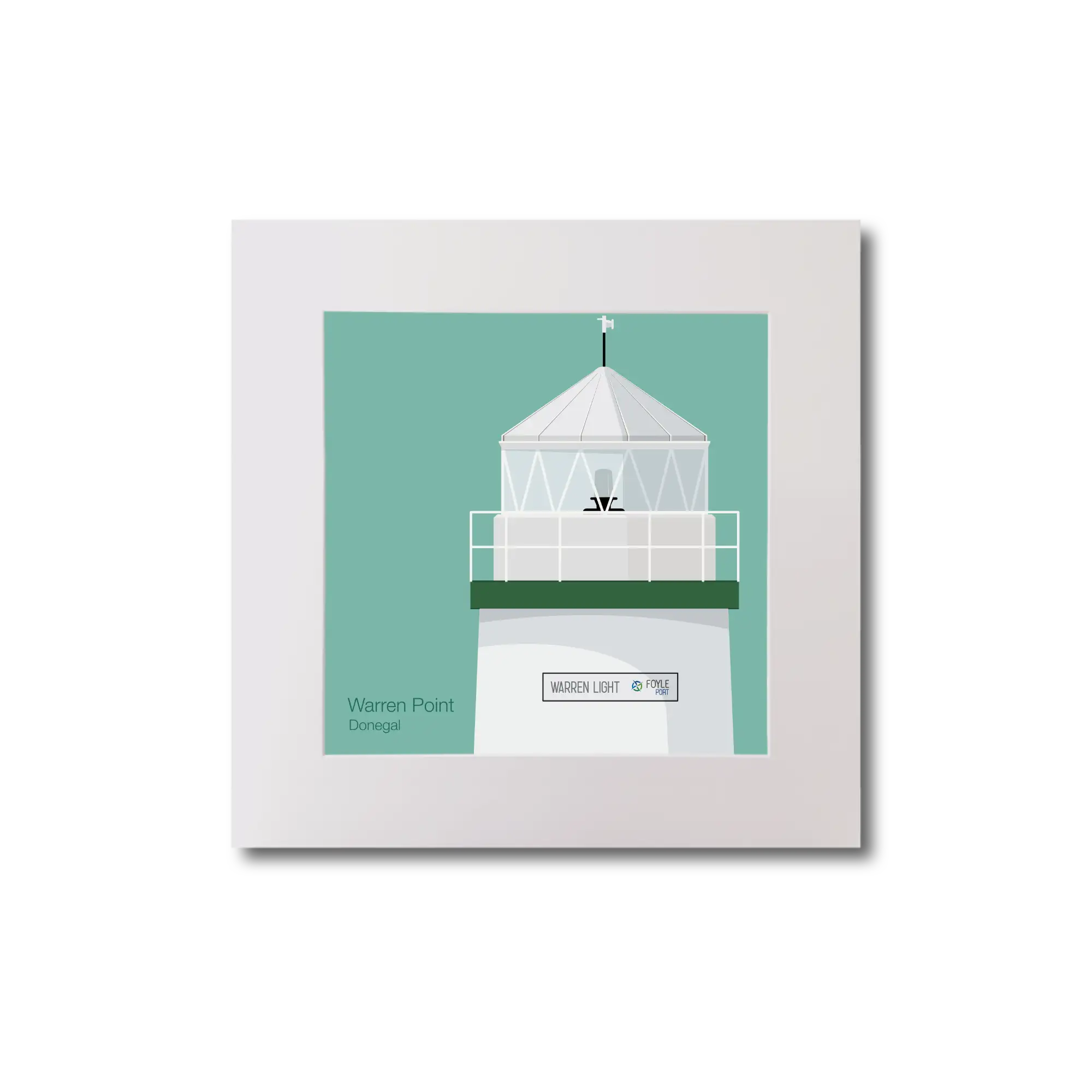 Illustration  Warren Point lighthouse on an ocean green background, mounted and measuring 20x20cm.
