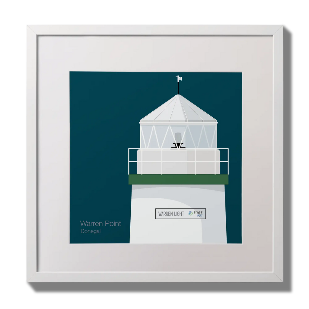 Illustration  Warren Point lighthouse on a midnight blue background,  in a white square frame measuring 30x30cm.