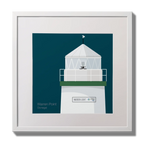 Illustration  Warren Point lighthouse on a midnight blue background,  in a white square frame measuring 30x30cm.