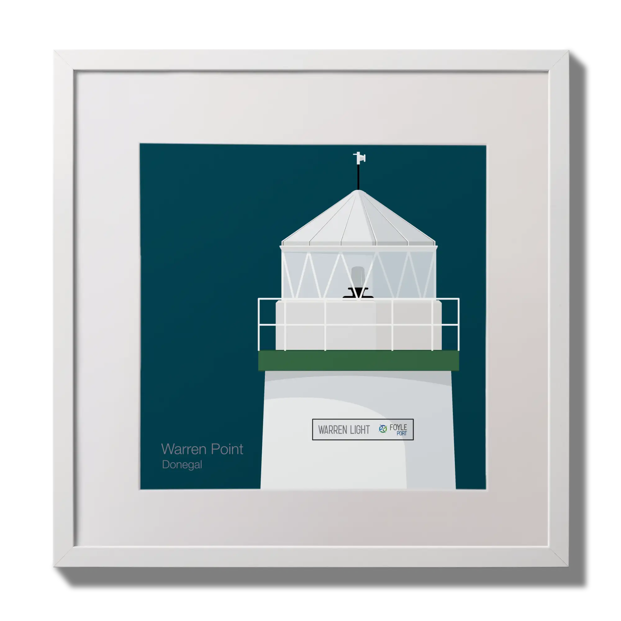 Illustration  Warren Point lighthouse on a midnight blue background,  in a white square frame measuring 30x30cm.