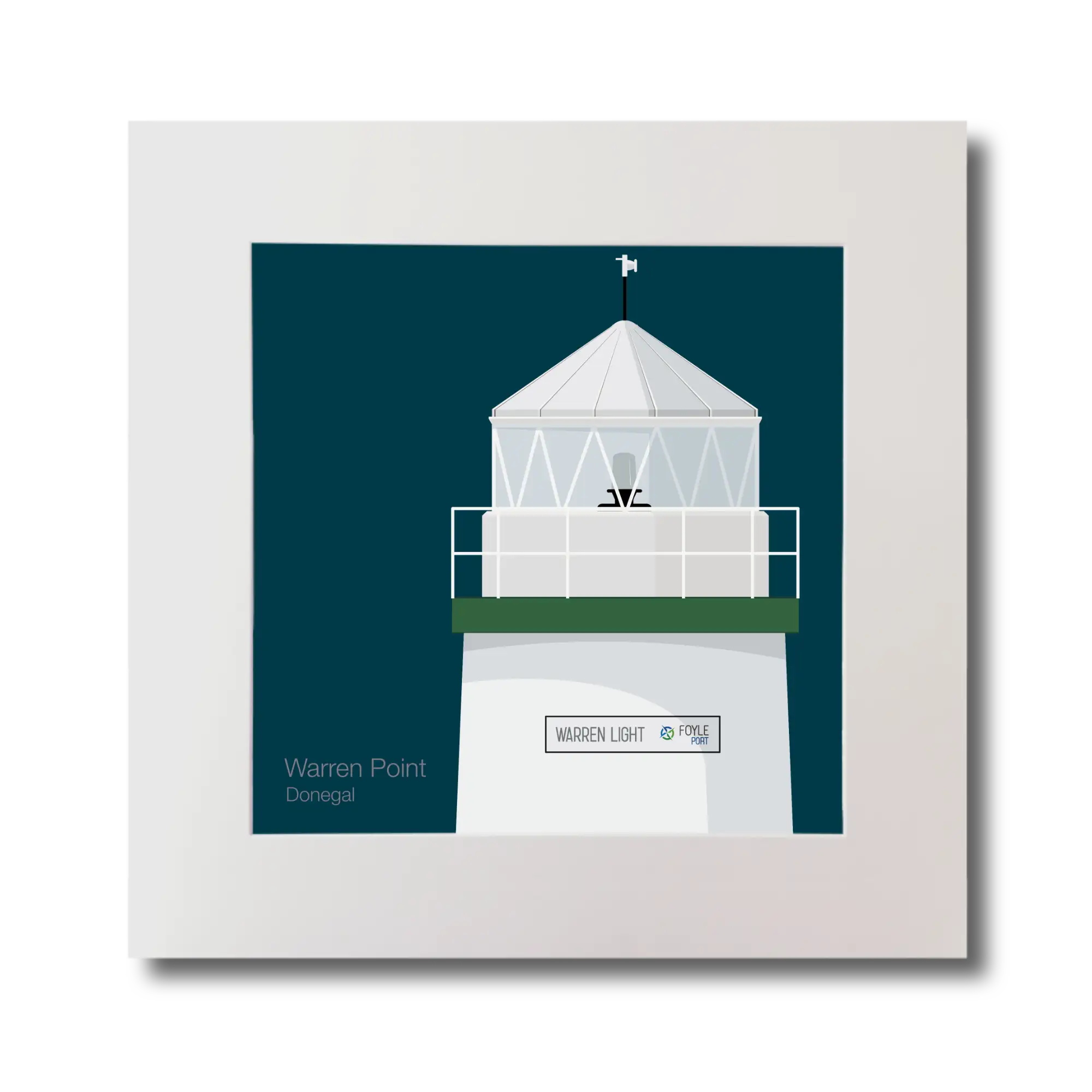Illustration  Warren Point lighthouse on a midnight blue background, mounted and measuring 30x30cm.