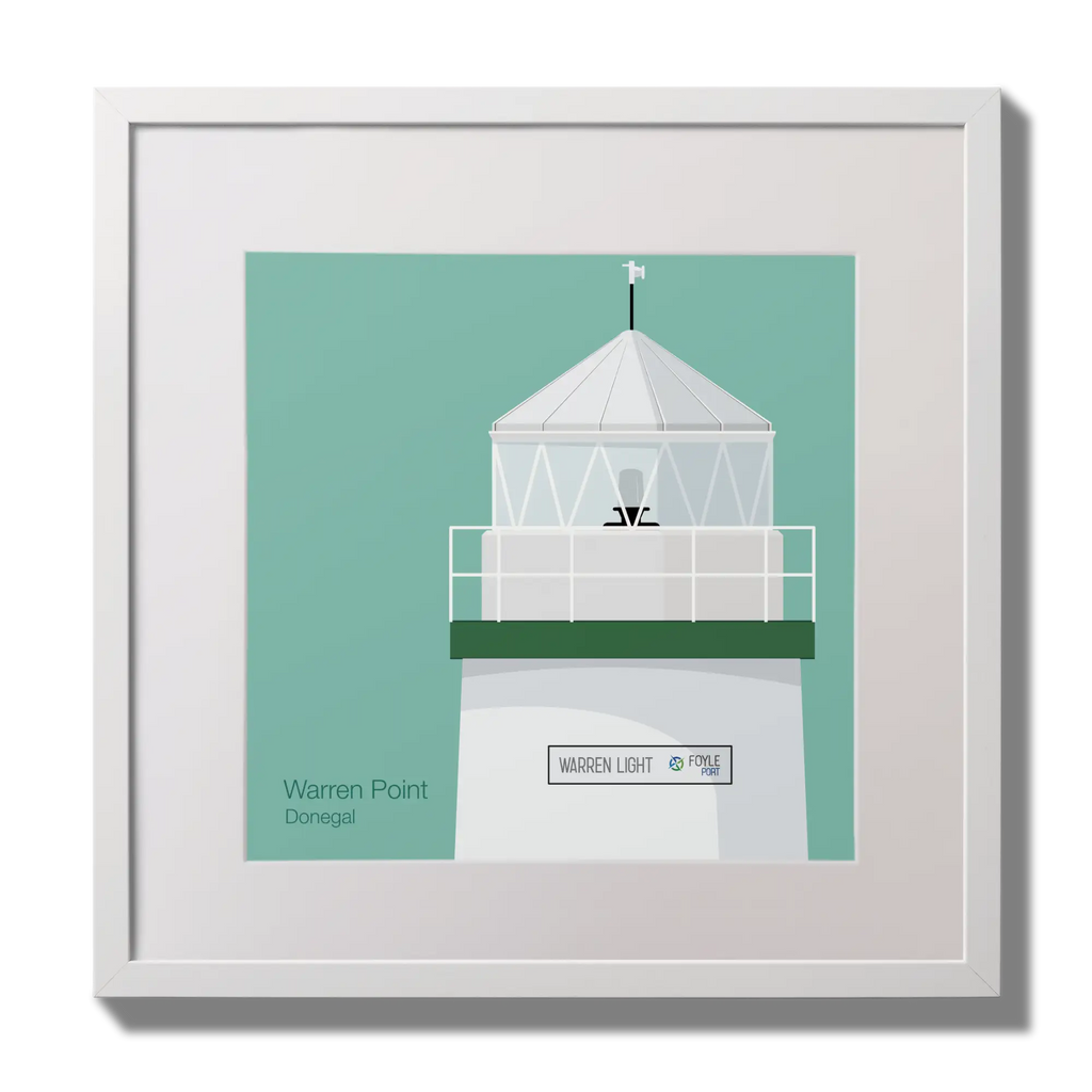 Illustration  Warren Point lighthouse on an ocean green background,  in a white square frame measuring 30x30cm.