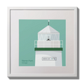 Illustration  Warren Point lighthouse on an ocean green background,  in a white square frame measuring 30x30cm.