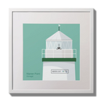 Illustration  Warren Point lighthouse on an ocean green background,  in a white square frame measuring 30x30cm.
