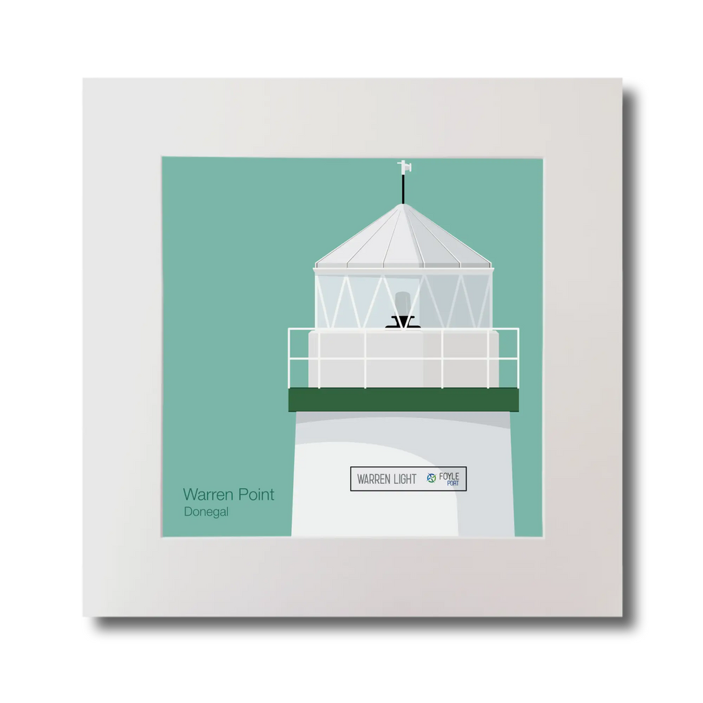 Illustration  Warren Point lighthouse on an ocean green background, mounted and measuring 30x30cm.