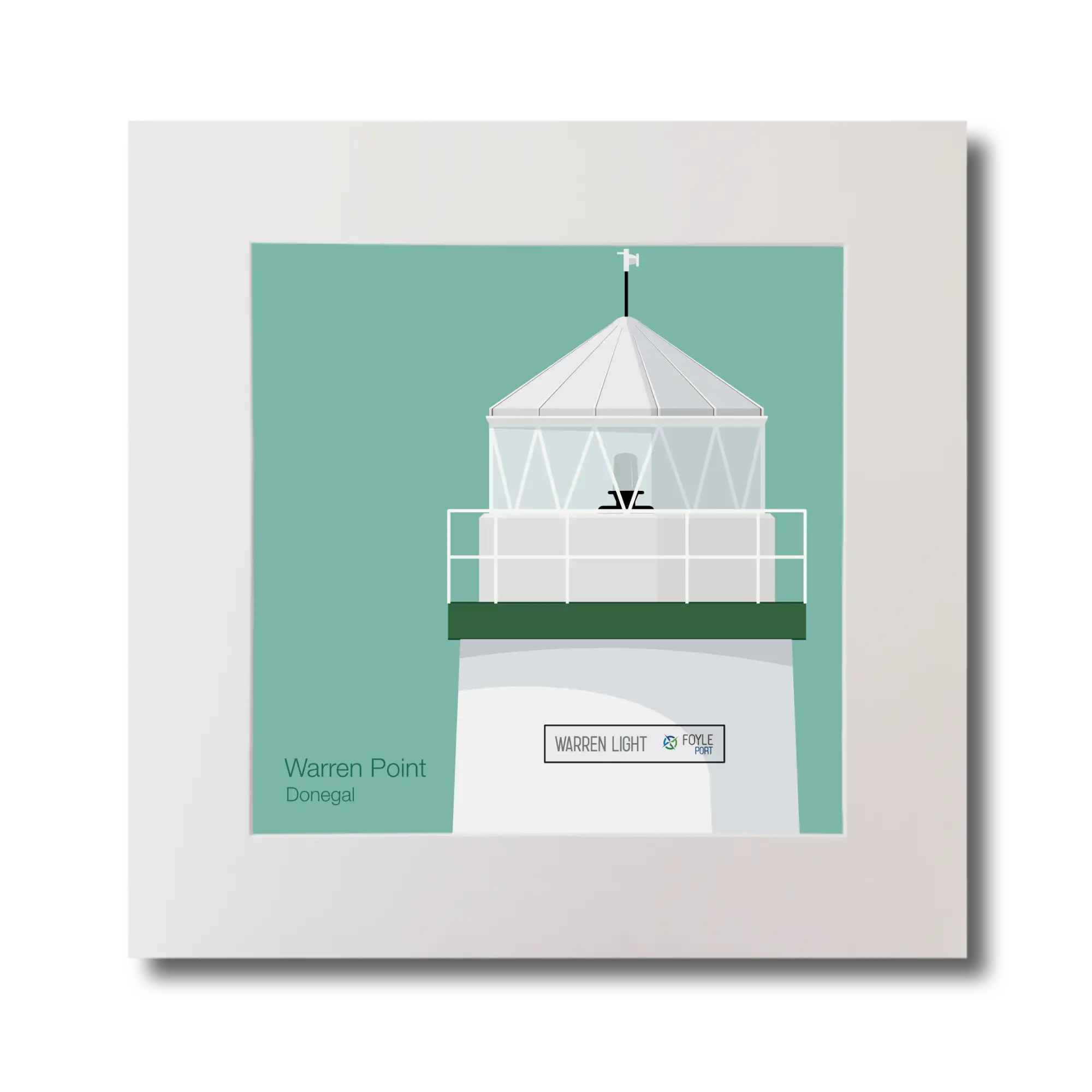 Illustration  Warren Point lighthouse on an ocean green background, mounted and measuring 30x30cm.