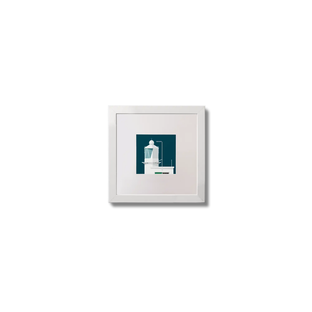 Contemporary wall art  Sheeps Head lighthouse on a midnight blue background,  in a white square frame measuring 10x10cm.