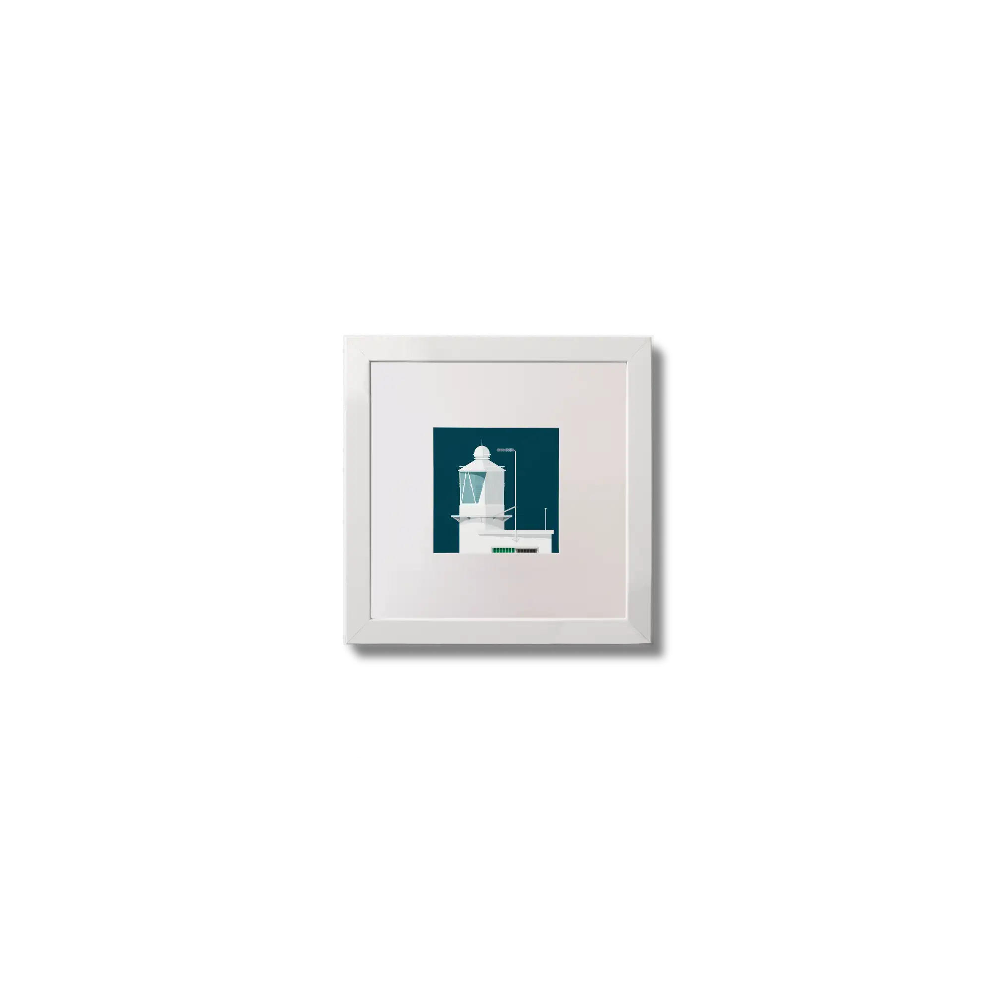 Contemporary wall art  Sheeps Head lighthouse on a midnight blue background,  in a white square frame measuring 10x10cm.
