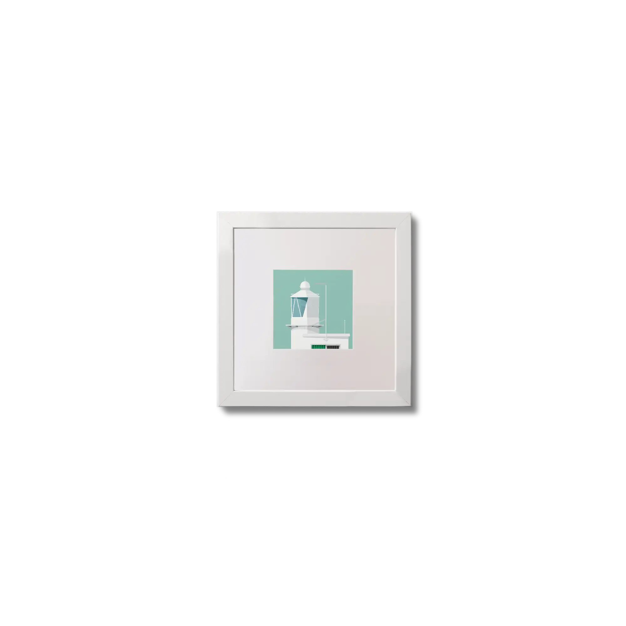Illustration  Sheeps Head lighthouse on an ocean green background,  in a white square frame measuring 10x10cm.