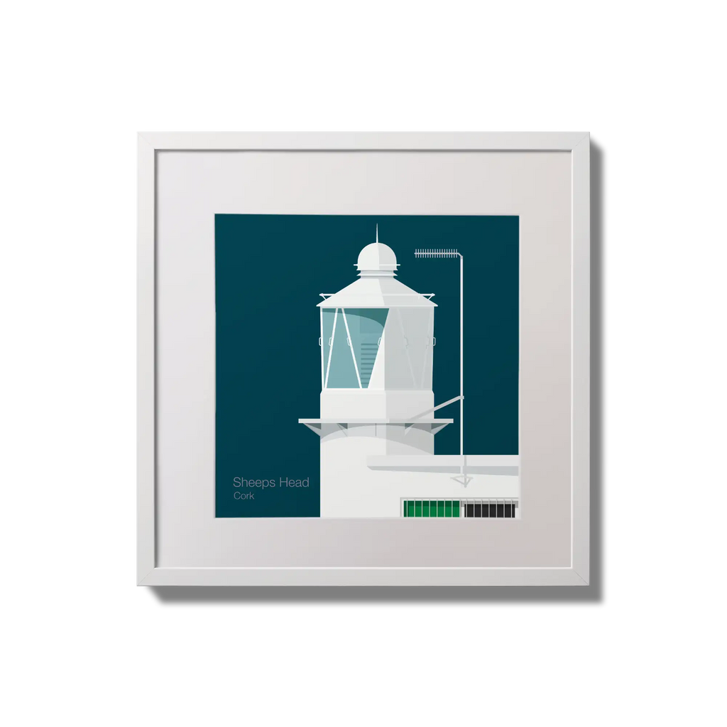 Framed wall art decoration  Sheeps Head lighthouse on a midnight blue background,  in a white square frame measuring 20x20cm.