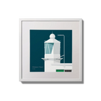 Framed wall art decoration  Sheeps Head lighthouse on a midnight blue background,  in a white square frame measuring 20x20cm.