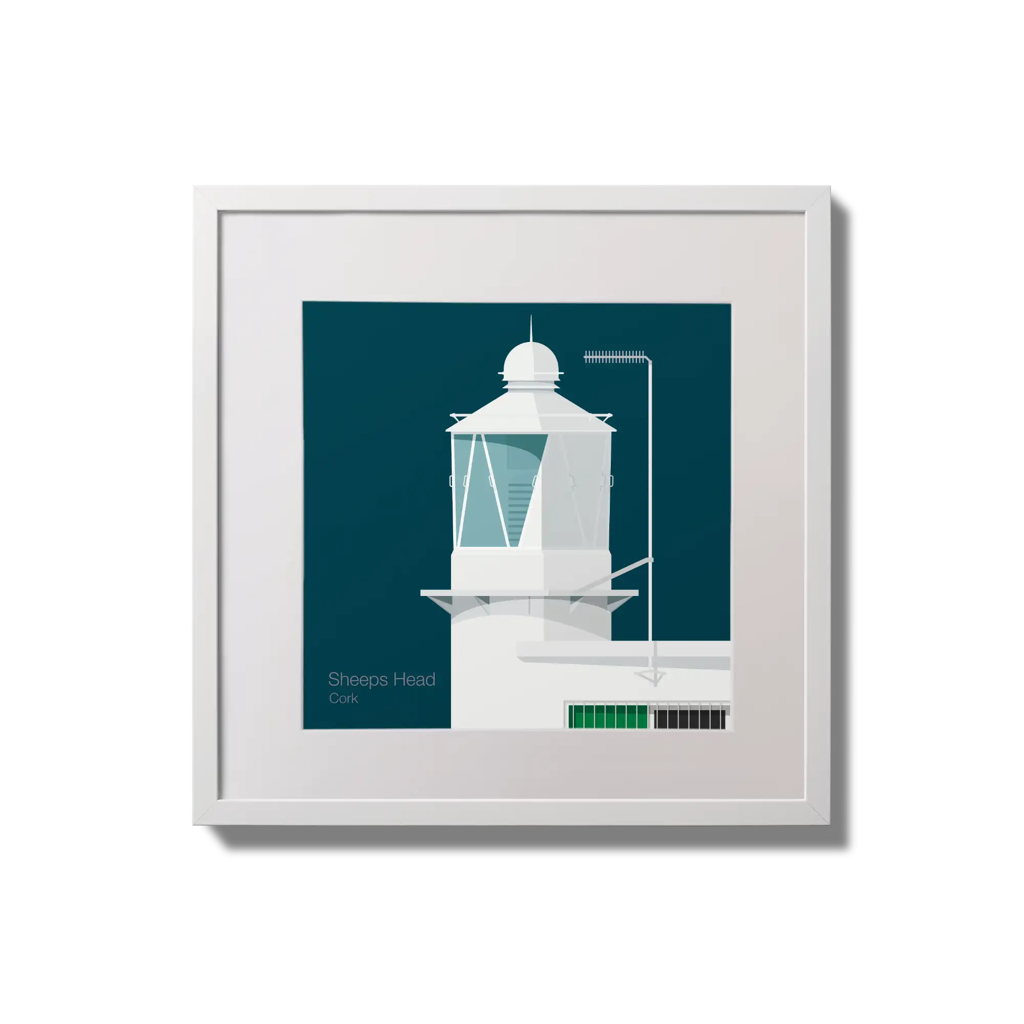 Framed wall art decoration  Sheeps Head lighthouse on a midnight blue background,  in a white square frame measuring 20x20cm.