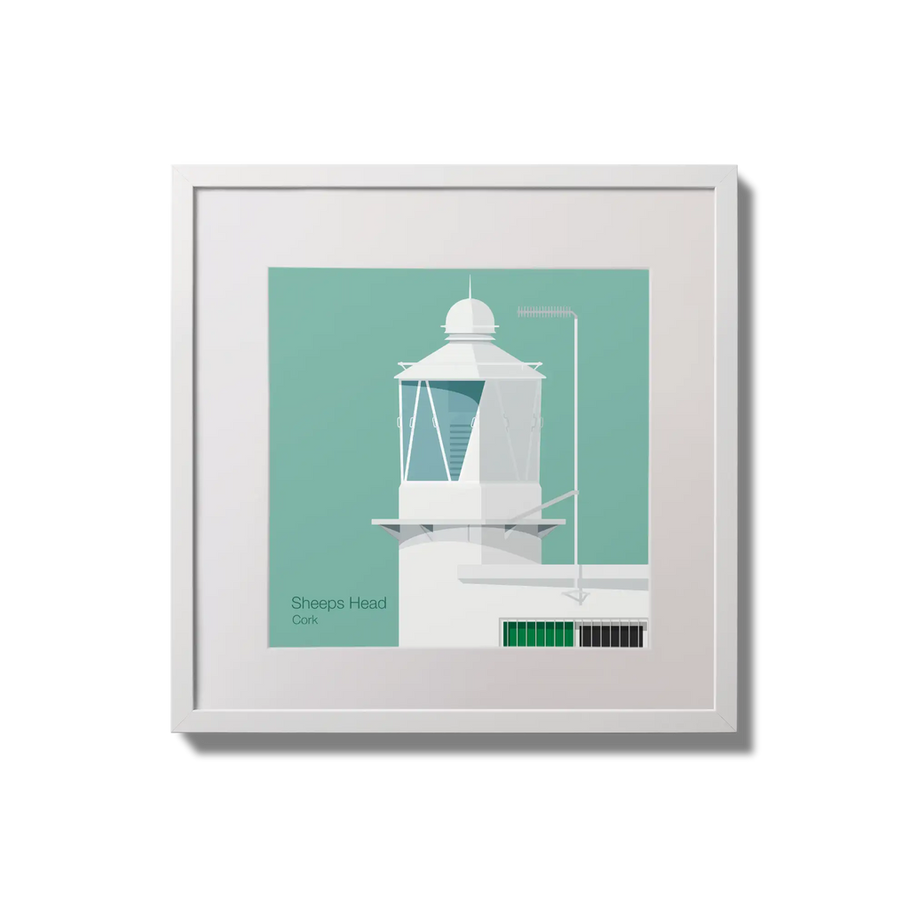 Contemporary wall hanging  Sheeps Head lighthouse on an ocean green background,  in a white square frame measuring 20x20cm.