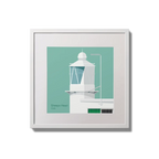 Contemporary wall hanging  Sheeps Head lighthouse on an ocean green background,  in a white square frame measuring 20x20cm.