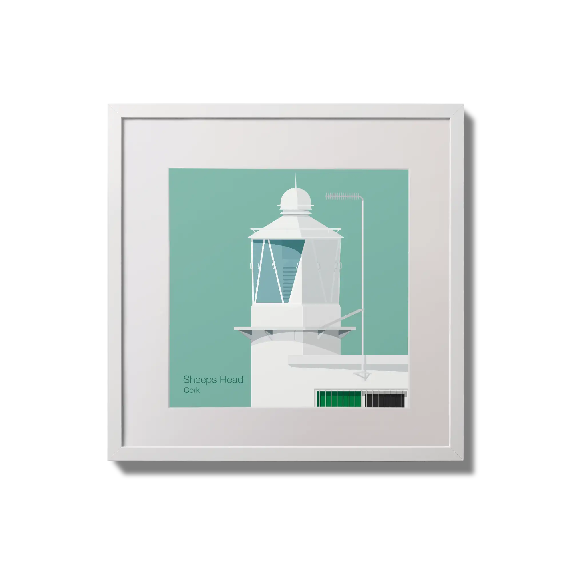 Contemporary wall hanging  Sheeps Head lighthouse on an ocean green background,  in a white square frame measuring 20x20cm.
