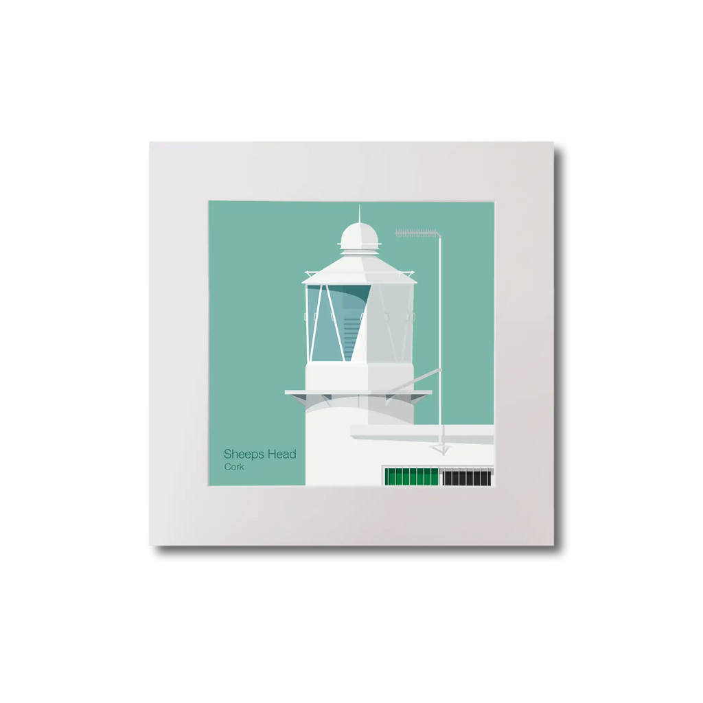 Illustration  Sheeps Head lighthouse on an ocean green background, mounted and measuring 20x20cm.