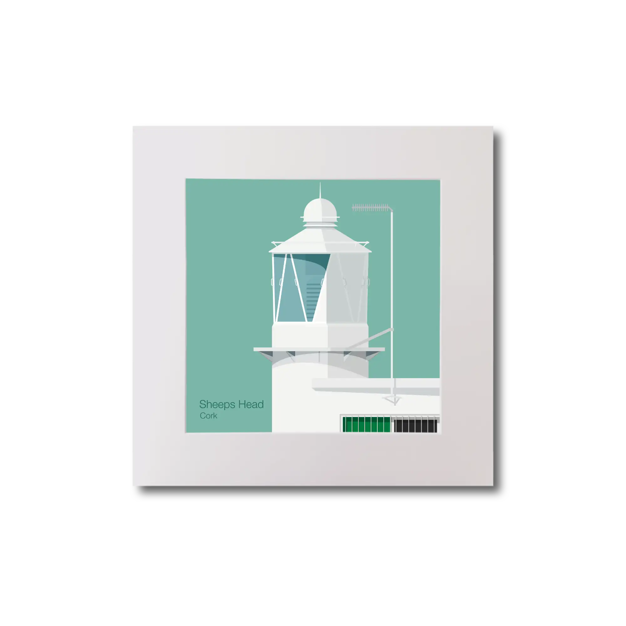 Illustration  Sheeps Head lighthouse on an ocean green background, mounted and measuring 20x20cm.